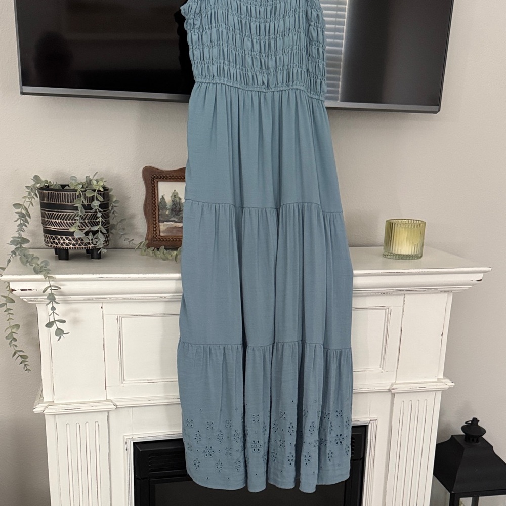 Smocked Ruffle Strap Maxi Dress in Dusty Blue - Picture 7 of 8